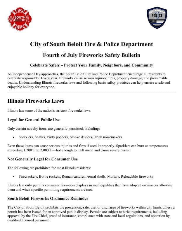 South Beloit Police, Fire Departments Issue Fourth of July Fireworks Safety Bulletin