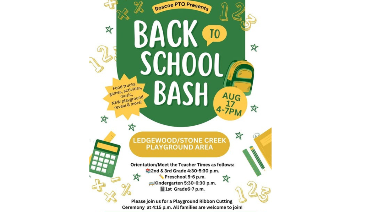 Roscoe PTO Invites you to the Back to School Bash Aug 17 2026 4 -7 pm