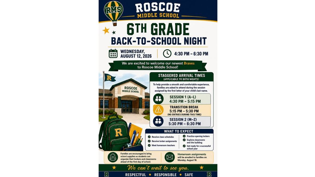 Roscoe PTO Invites you to the 6th Grade Back‑to‑School Night, running from 4:30–6:30 pm Aug 12 2026