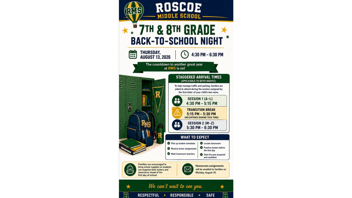 Roscoe PTO Invites you to the 7th- and 8th‑grade Back‑to‑School Night, running from 4:30–6:30 pm Aug 13 2026