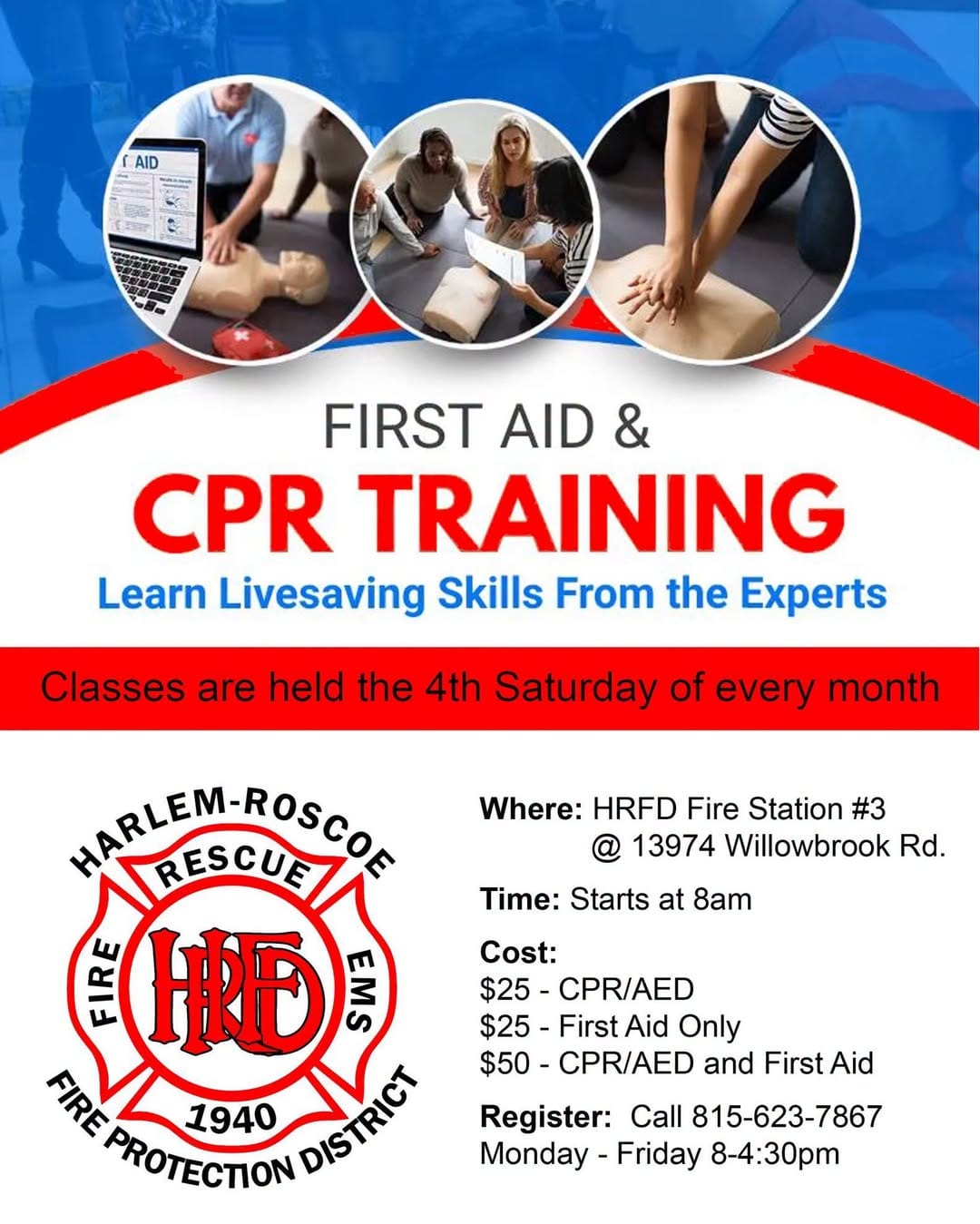 FIRST AID & CPR TRAINING returns: HARLEM-ROSCOE FIRE PROTECTION DISTRICT continues monthly community classes