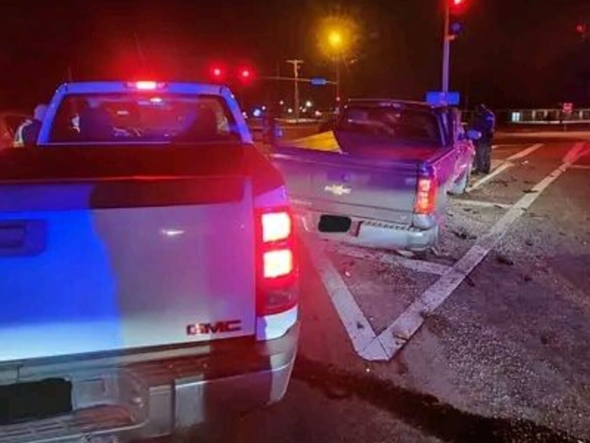 Three vehicles, two pickups, one victim with minor injuries