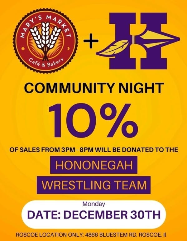 Hononegah Wrestling's and Mary's Market Fundraiser is tonight, Monday, December 30th between 3pm and 8pm.   Please be sure to order from Mary's Market in Roscoe. This is a great way to support the Hononegah Wrestling Club and High School  team.