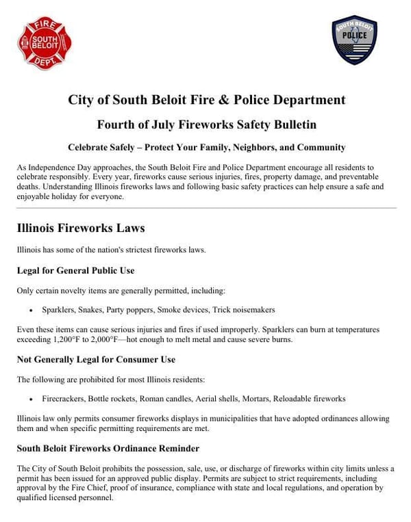 South Beloit Police, Fire Departments Issue Fourth of July Fireworks Safety Bulletin