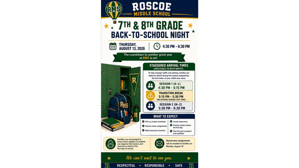 Roscoe PTO Invites you to the 7th- and 8th‑grade Back‑to‑School Night, running from 4:30–6:30 pm Aug 13 2026