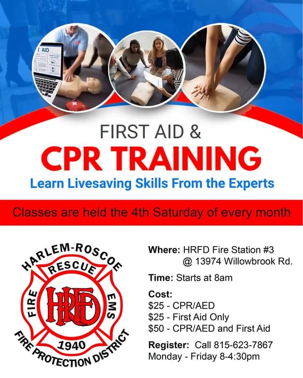 FIRST AID & CPR TRAINING returns: HARLEM-ROSCOE FIRE PROTECTION DISTRICT continues monthly community classes