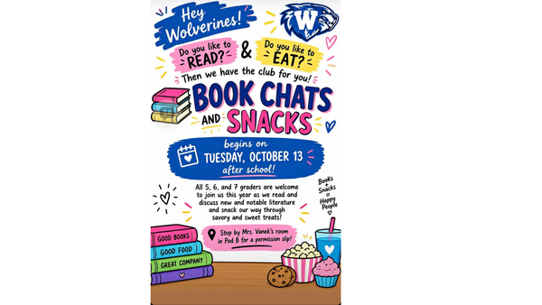 Book Chats & Snacks Club Returns Oct. 13, Inviting Willowbrook Middle School Wolverines to Read, Relax, and Refuel After School