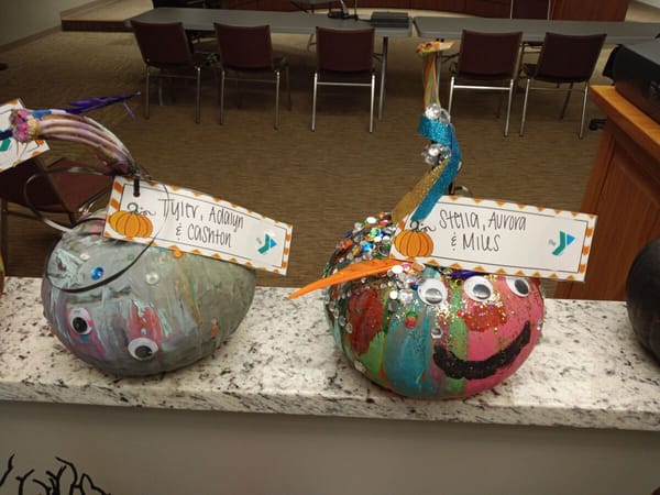 Painted pumpkins on display at Roscoe Village Hall