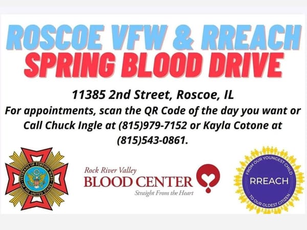 Roscoe VFW & RREACH Spring Blood Drive will be Tuesday and Thursday