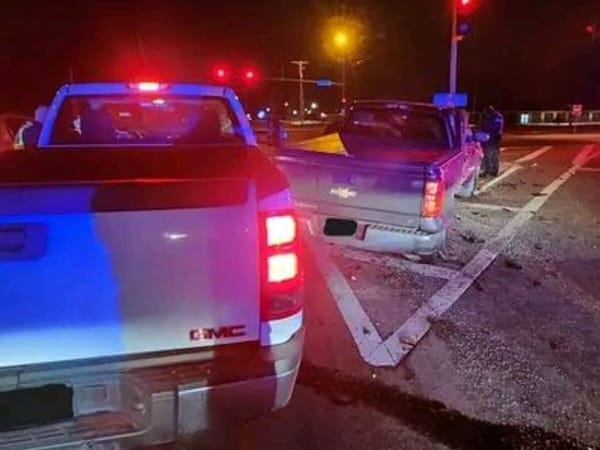 Three vehicles, two pickups, one victim with minor injuries