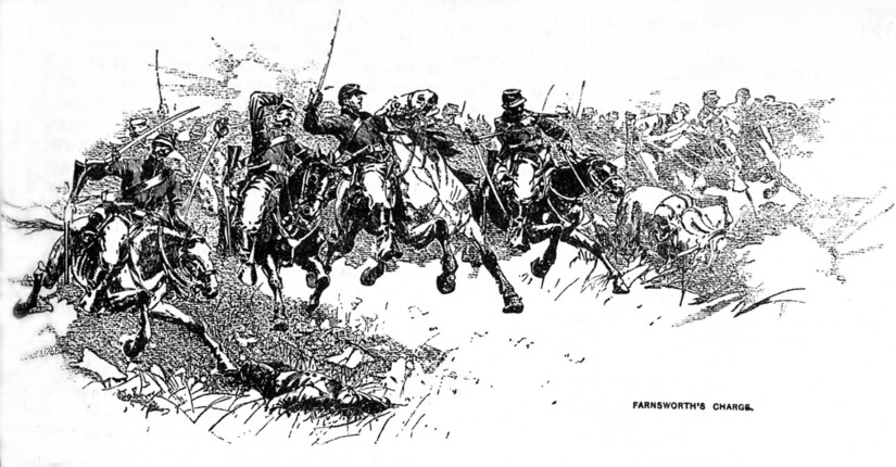 Engraving of Farnsworth's Charge at Gettysburg, with Civil War calvary soldier with saber raised
