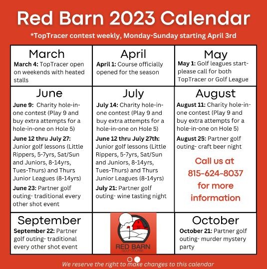 2023 Red Barn Golf Course Rockton, IL Calendar