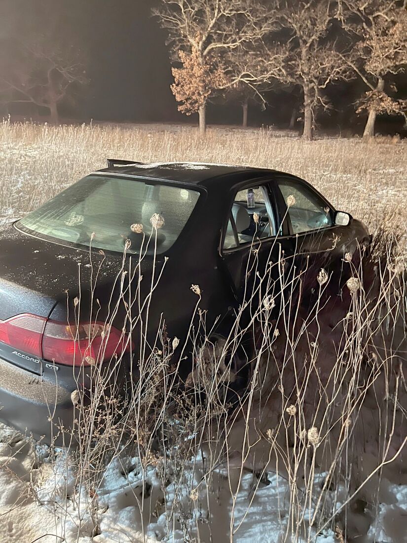 Honda Accord ran off Belvidere Road into a snowy field, Roscoe IL