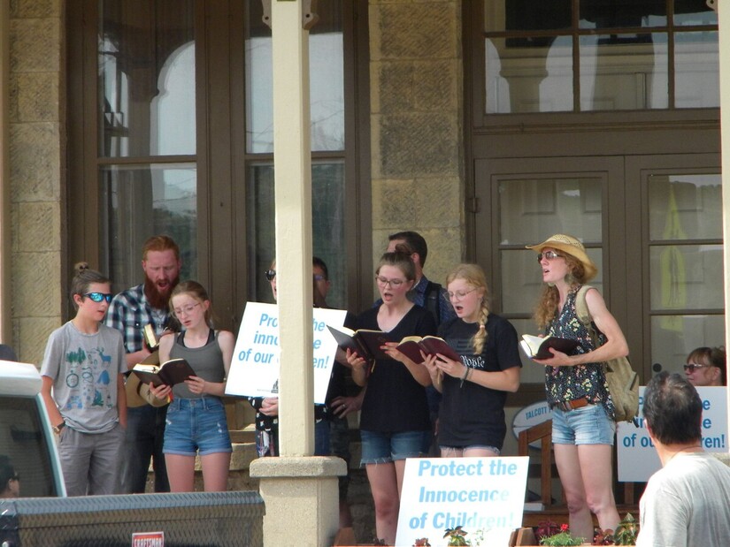 Anti-drag singers at Talcott Free Library, Rockton, Illinois, July 14, 2023.
