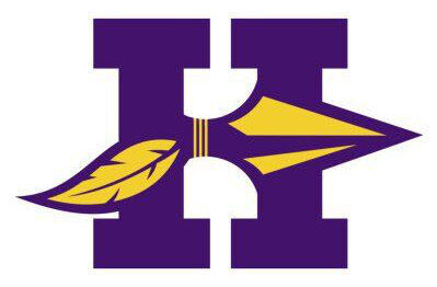 Hononegah sports logo: purple H with gold feather and arrowhead