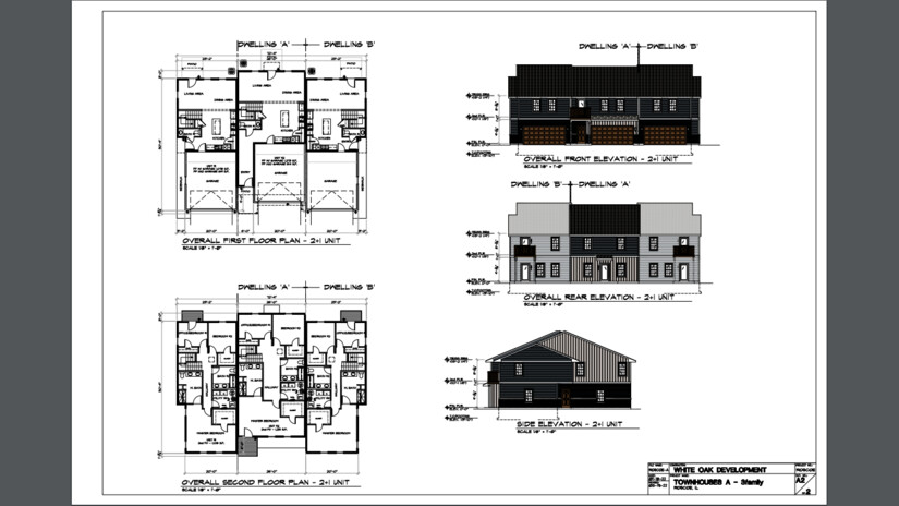 floor plans and elevation drawings for 2+1 unit townhomes