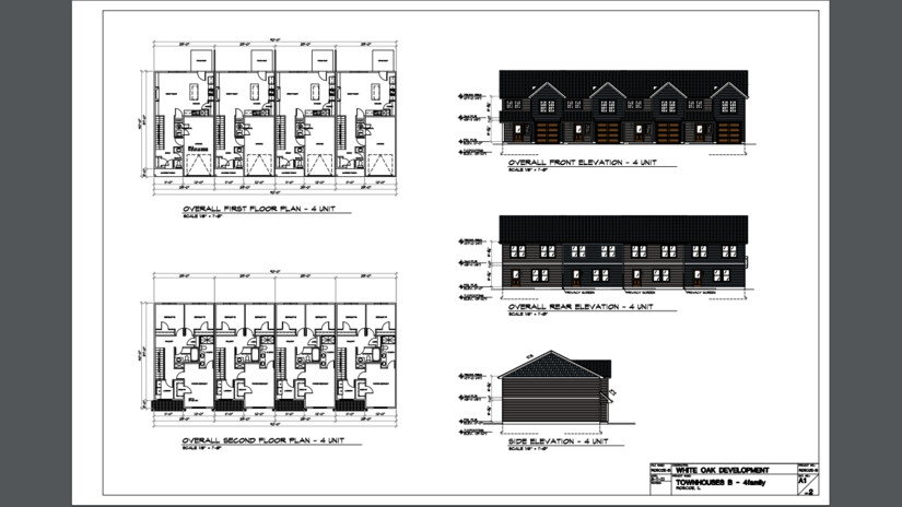 Floor plans and elevations for 4-unit townhomes